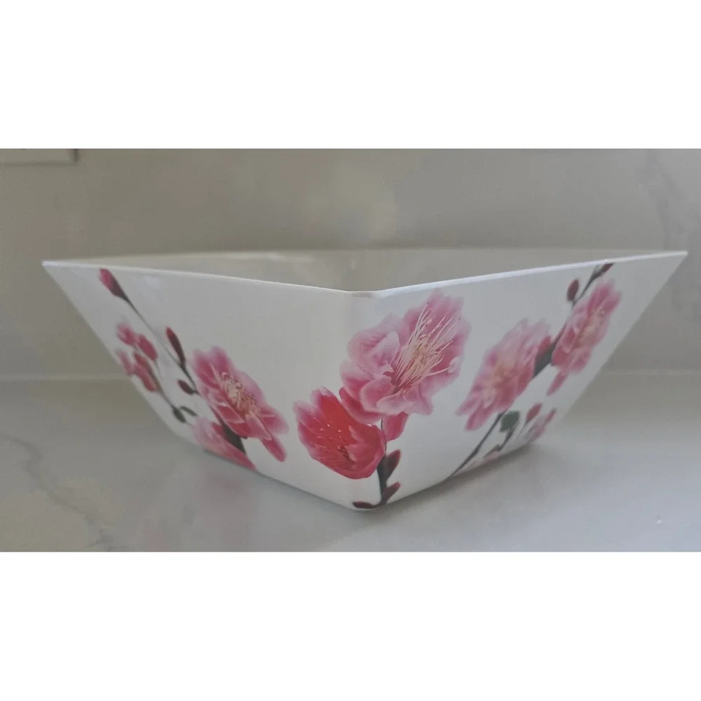 13pc Melamine Dinnerware Set Pink Cherry Blossom Square Plates Serving Bowls